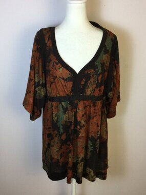 DKNY Jeans Blouse Tunic Top Size L Womans Brown Floral Empire Waist Silk Trim